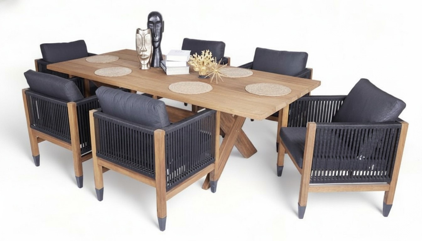 Luxuriöse Komplett Set Esstisch Holz Stilvoller 6x Stühle Textil Gartenmöbel