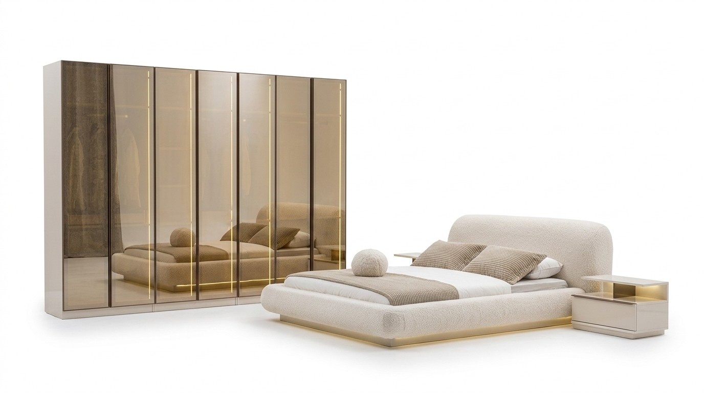 Luxuriöse Schlafzimmer Möbel Polsterbett Nachtkonsolen Glasschrank 4tlg