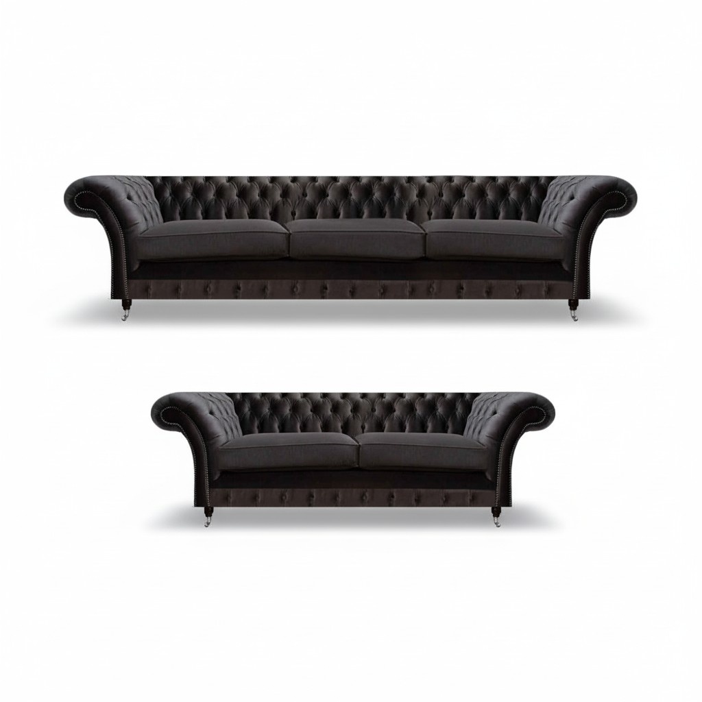 Luxuriöse Schwarze Chesterfield Garnitur Designer Textil Dreisitzer 2tlg