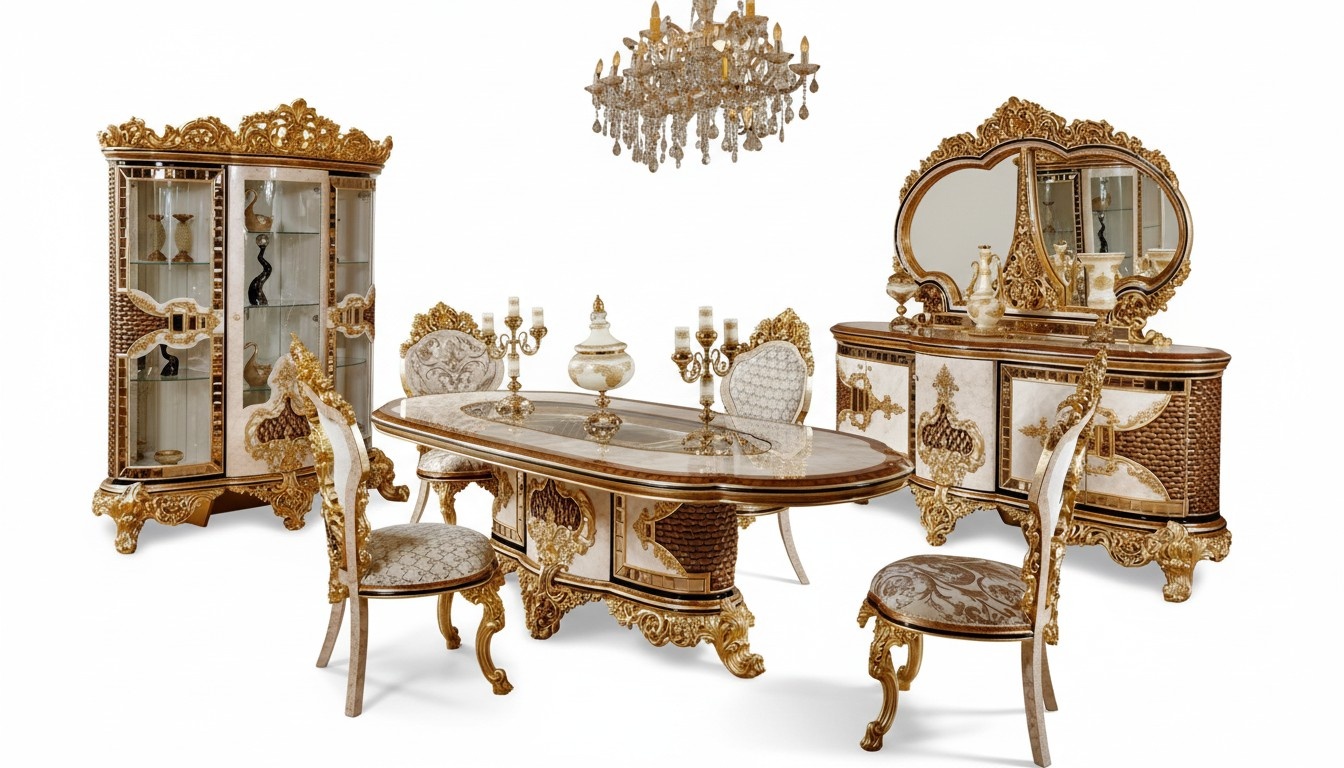 Luxuriöses Esszimmer Set Weiß-Gold Esstisch 4x Stühle Kommode 6tlg Möbel