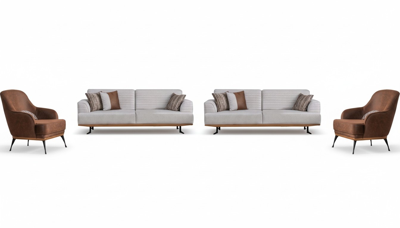 Luxuriöses Grau-Braun Wohnzimmer Set zwei Dreisitzer-Sofas und zwei Sesseln