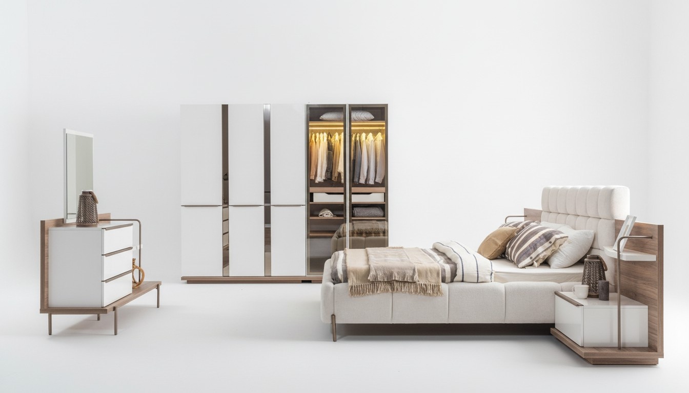 Luxuriöses Schlafzimmer Set Polsterbett Kleiderschrank Edler Schminktisch