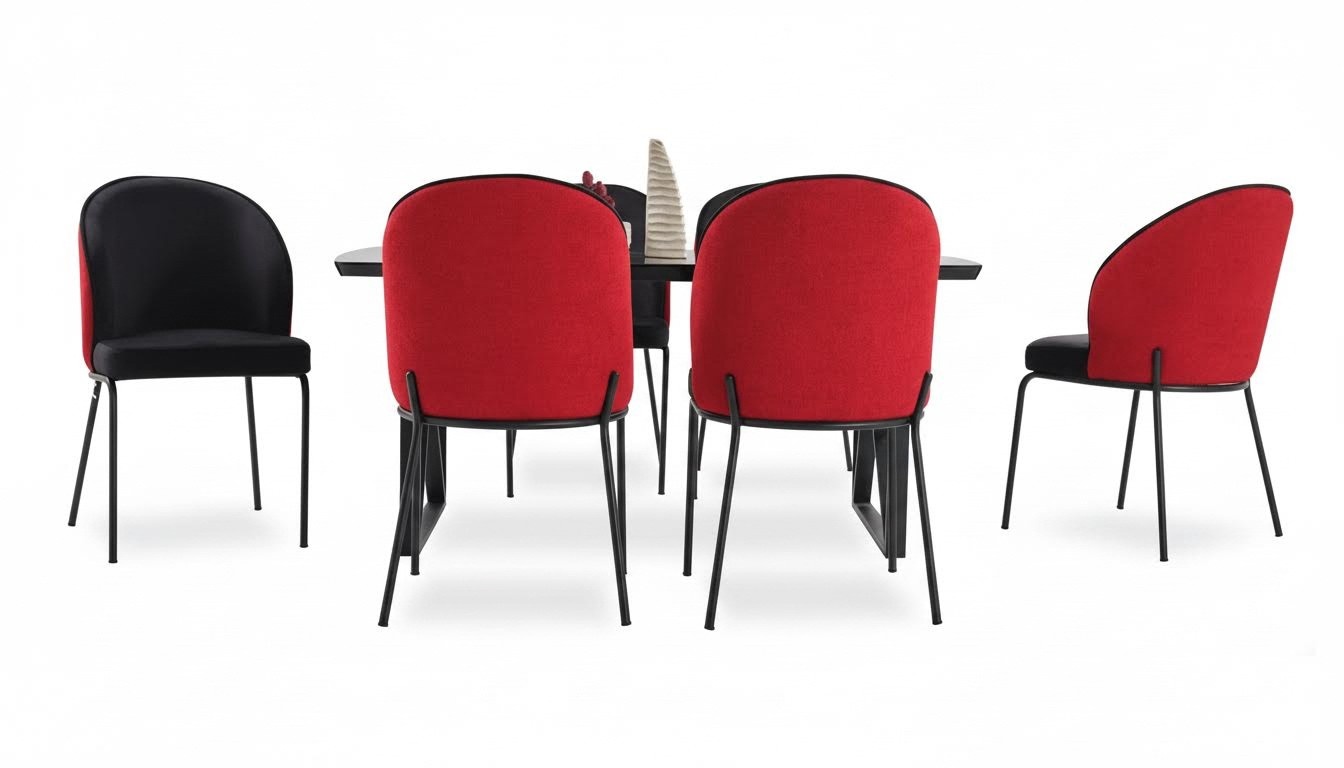 Luxuriöses schwarz rotes Esszimmer Set großer Esstisch gepolsterte Stühle