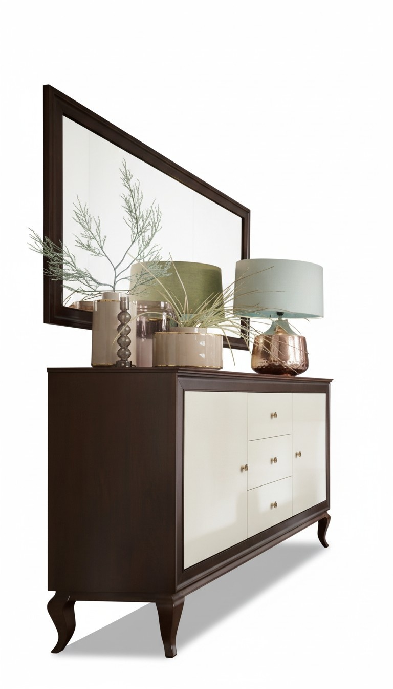 Luxuriöses Set 2tlg Sideboard mit Spiegel Komplett Wohnzimmer Holzmöbel