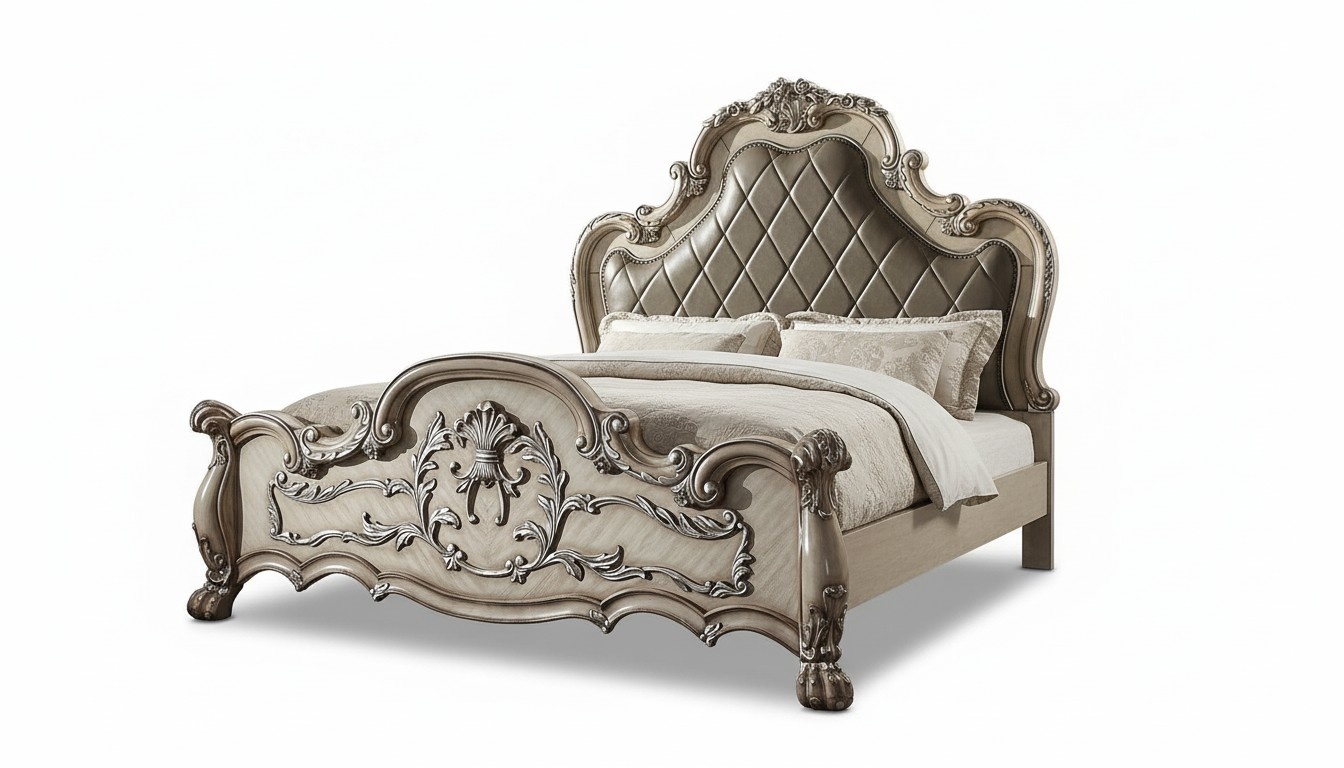 Luxus Barock Silber Doppelbett Design Holz 200x200cm Polsterung