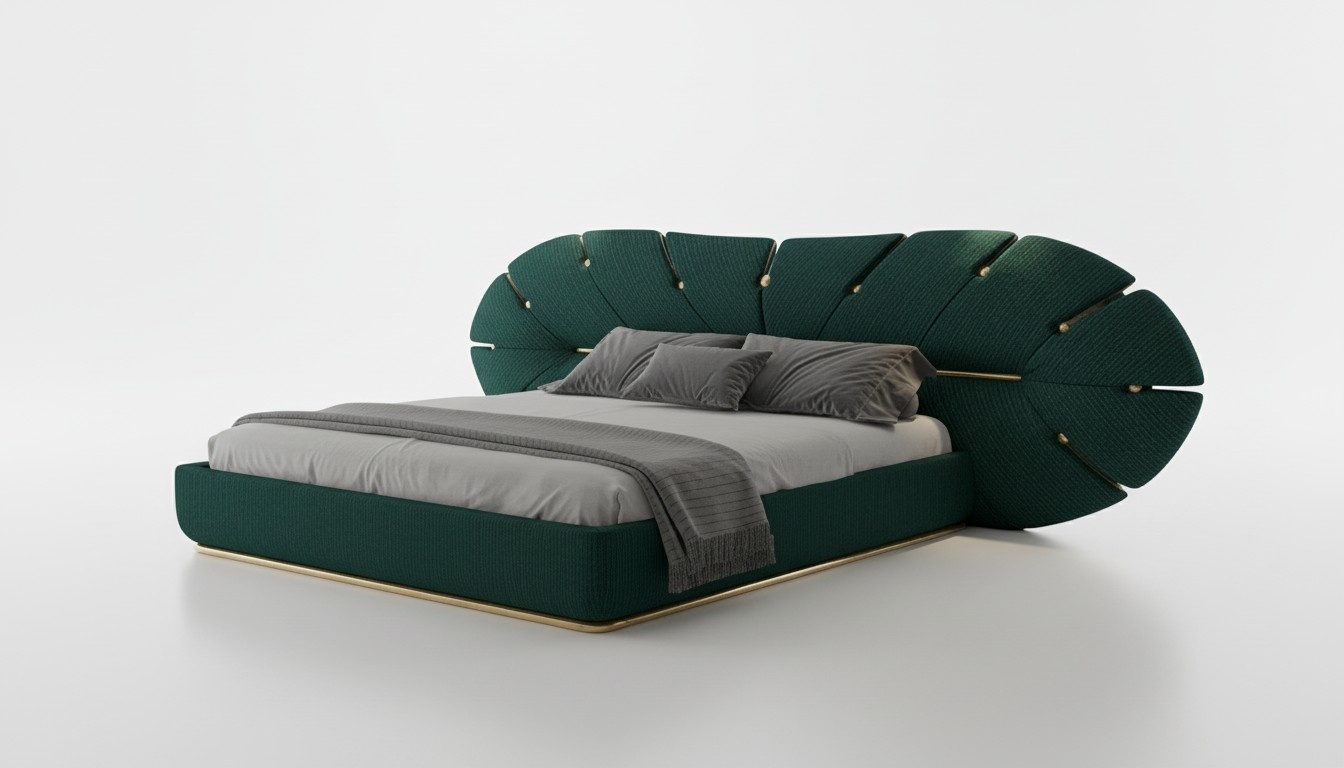Luxus Bett Grün Gold Akzent Polster Fächer Design Modernes Schlafzimmer