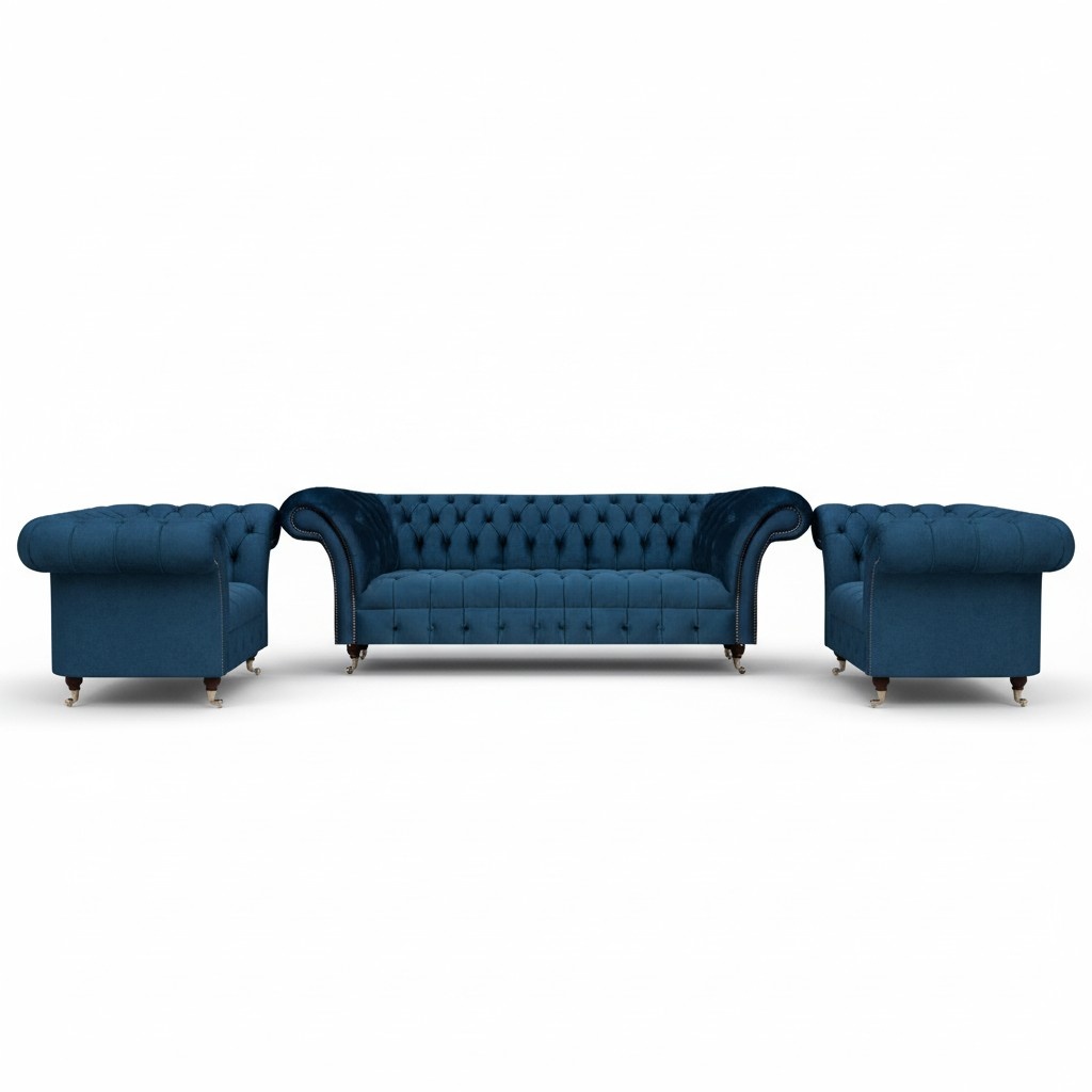 Luxus Blau Sofas Set 3tlg Sofagarnitur Sessel Wohnzimmer Chesterfield