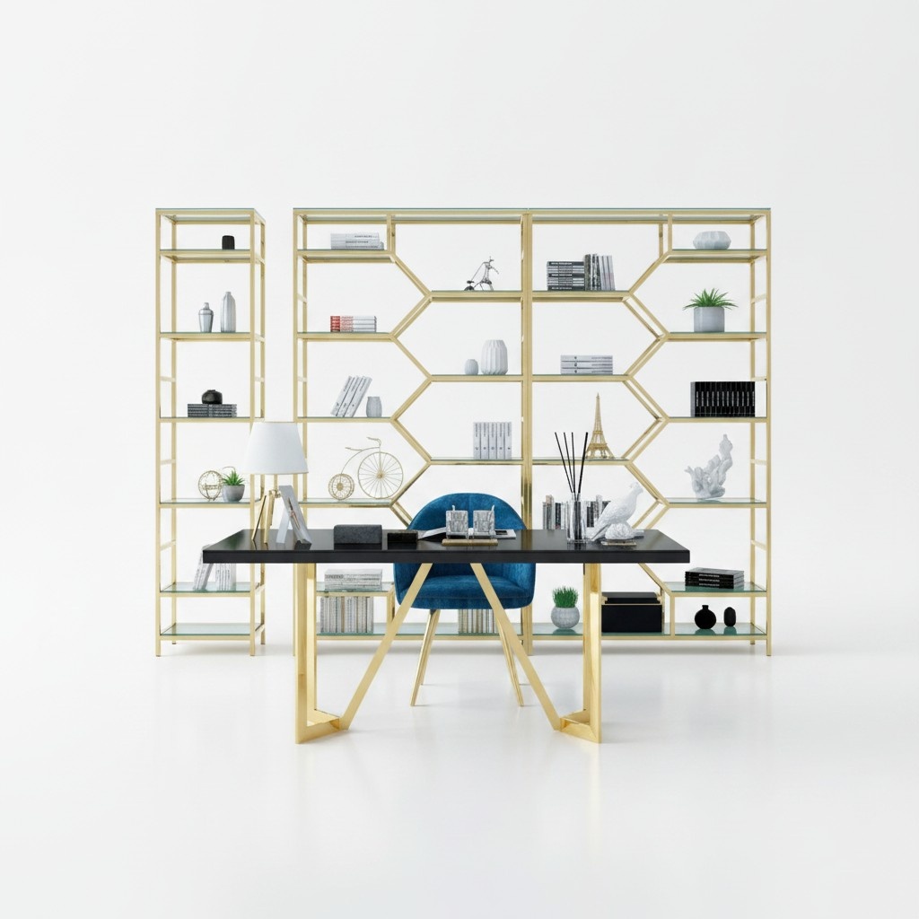 Luxus Büro Set Gruppe Edelstahl Metall Tisch Schrank 5tlg. Garnitur Office