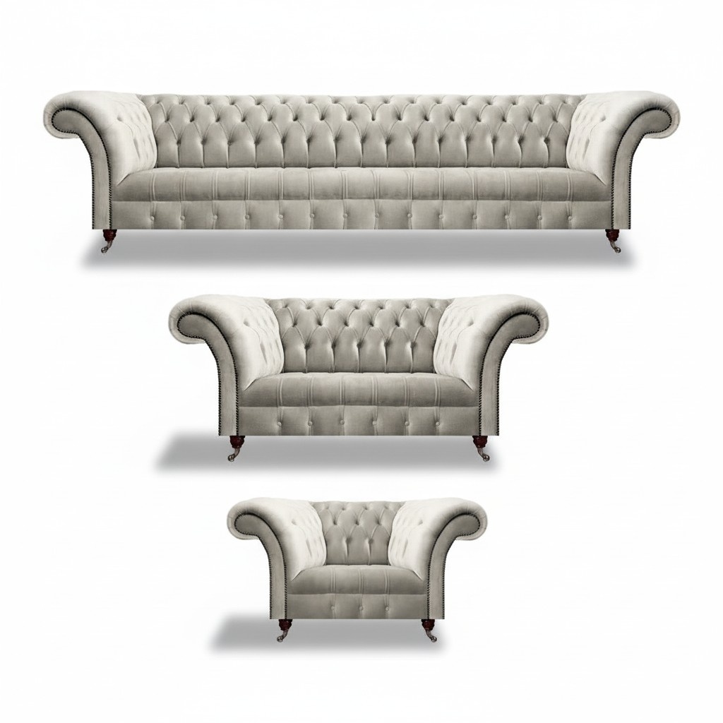 Luxus Design Sofa Set 3tlg Chesterfield Wohnzimmer Weiß Komplett Einrichtung