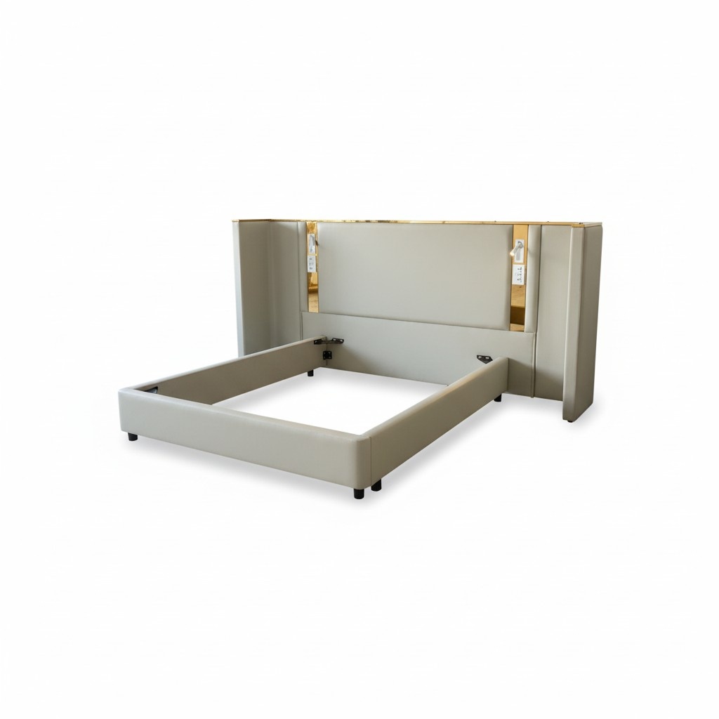 Luxus Designerbett Beige LED Beleuchtung Polster Goldrahmen Modernes Kopfteil