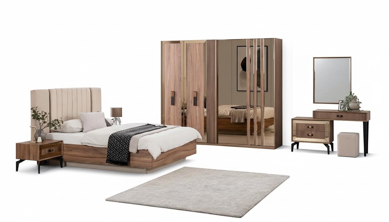 Luxus Doppelbett Schlafzimmer Garnitur Bett Holz Set 7tlg Braun Modern