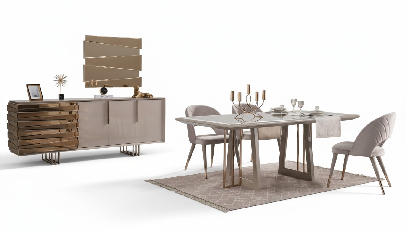 Luxus Essecke Essgruppe Esszimmer Esstisch Stühle Beige Holz Set 8tlg