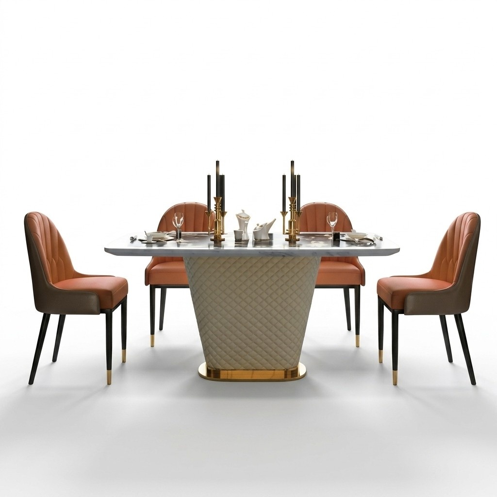 Luxus Esstisch Leder + Edelstahl Marmor Imitation Stein Tisch Esszimmer
