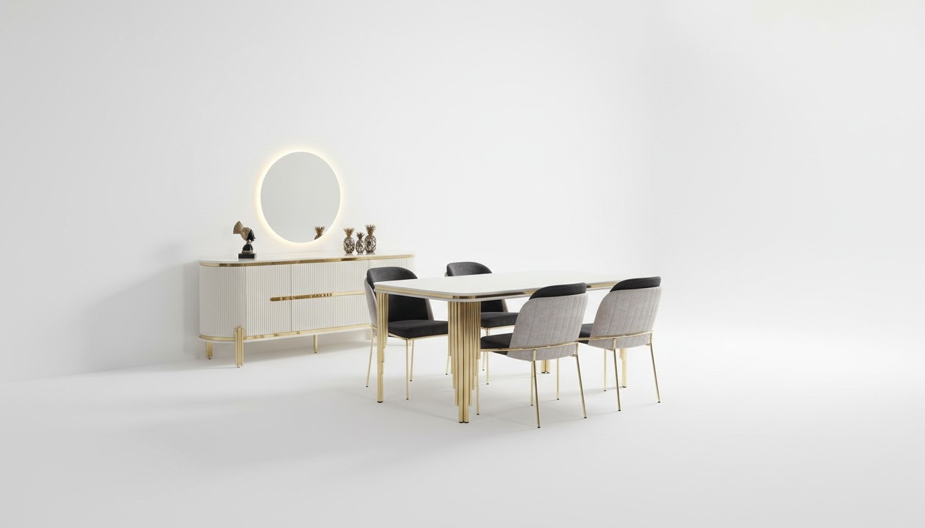 Luxus Esszimmer Garnitur Essgruppe Esstisch Stühle Set 6tlg Gold Weiß