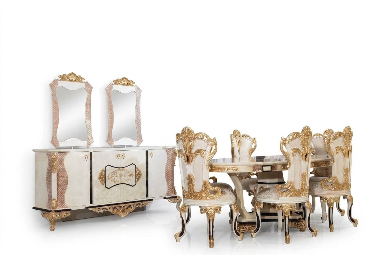 Luxus Esszimmer Set 9 tlg. Esstisch + 6x Stühle + Anrichte mit Spiegel weiß Neu