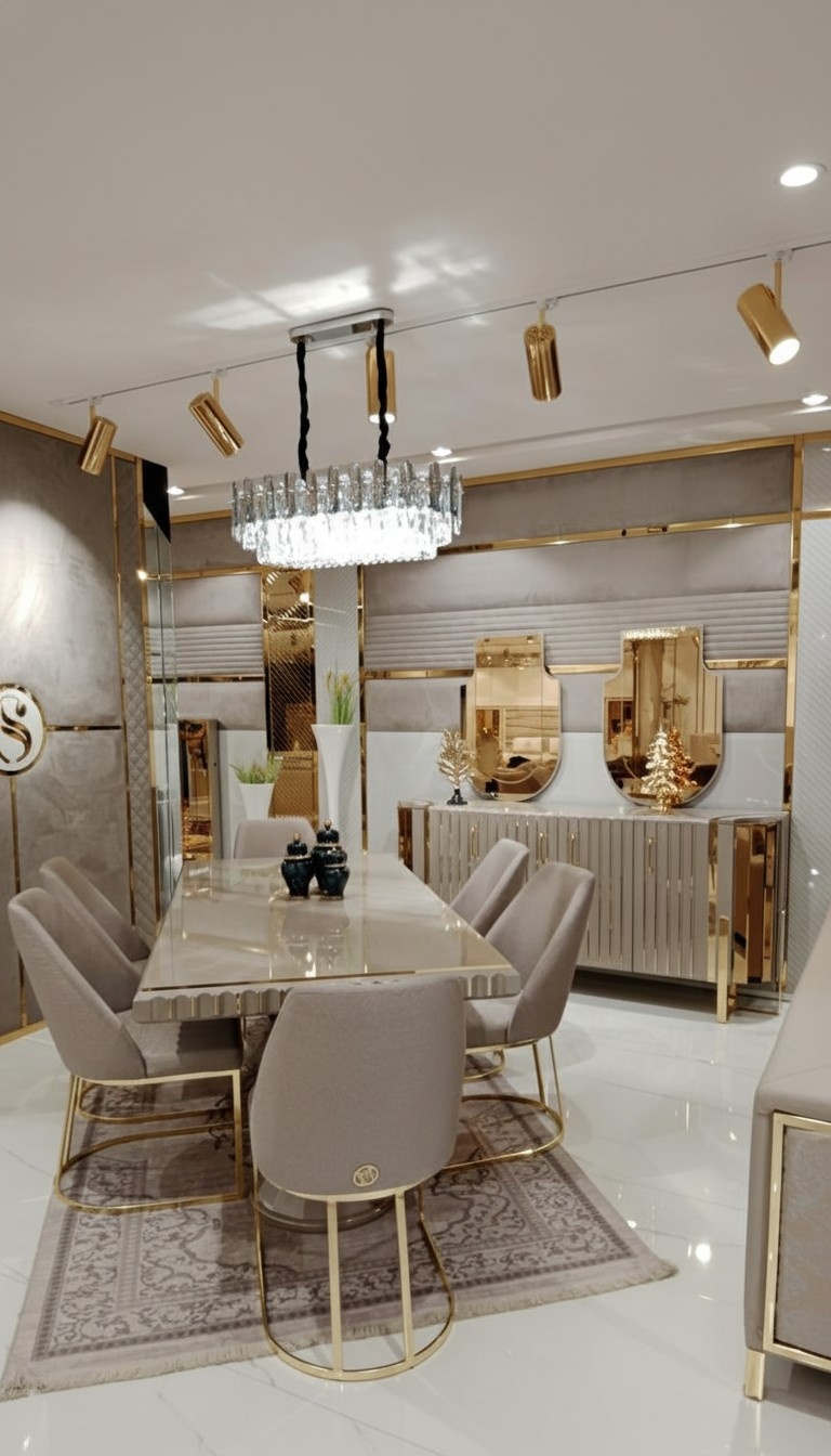 Luxus Esszimmer Set Esstisch + 6x Stühle + Anrichte mit 2x Spiegel Set