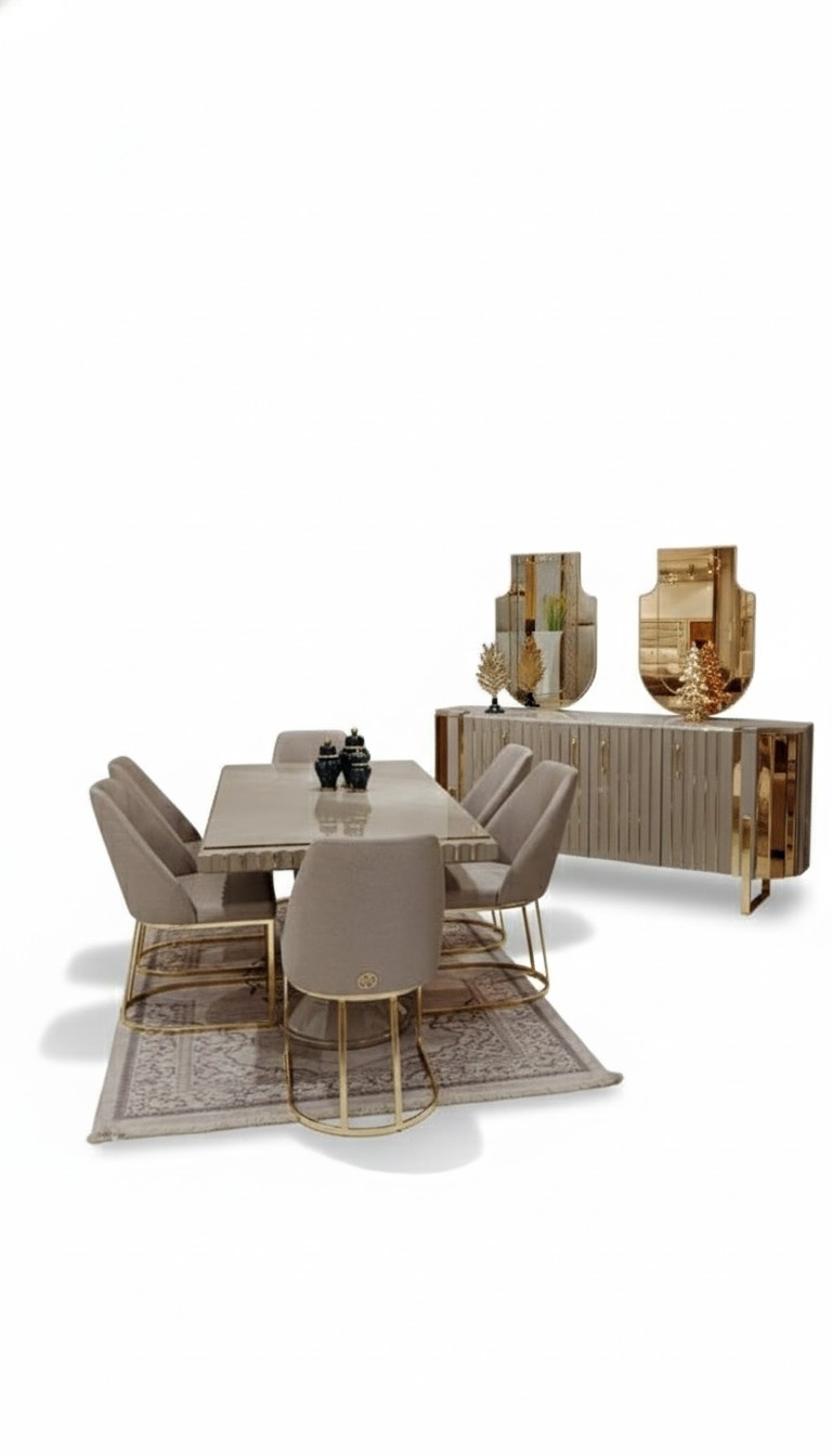Luxus Esszimmer Set Esstisch + 6x Stühle + Anrichte mit 2x Spiegel Set