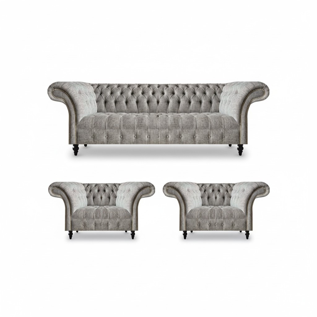 Luxus Grau Sofas Set 3tlg Sitzmöbel Wohnzimmer Polstermöbel Chesterfield