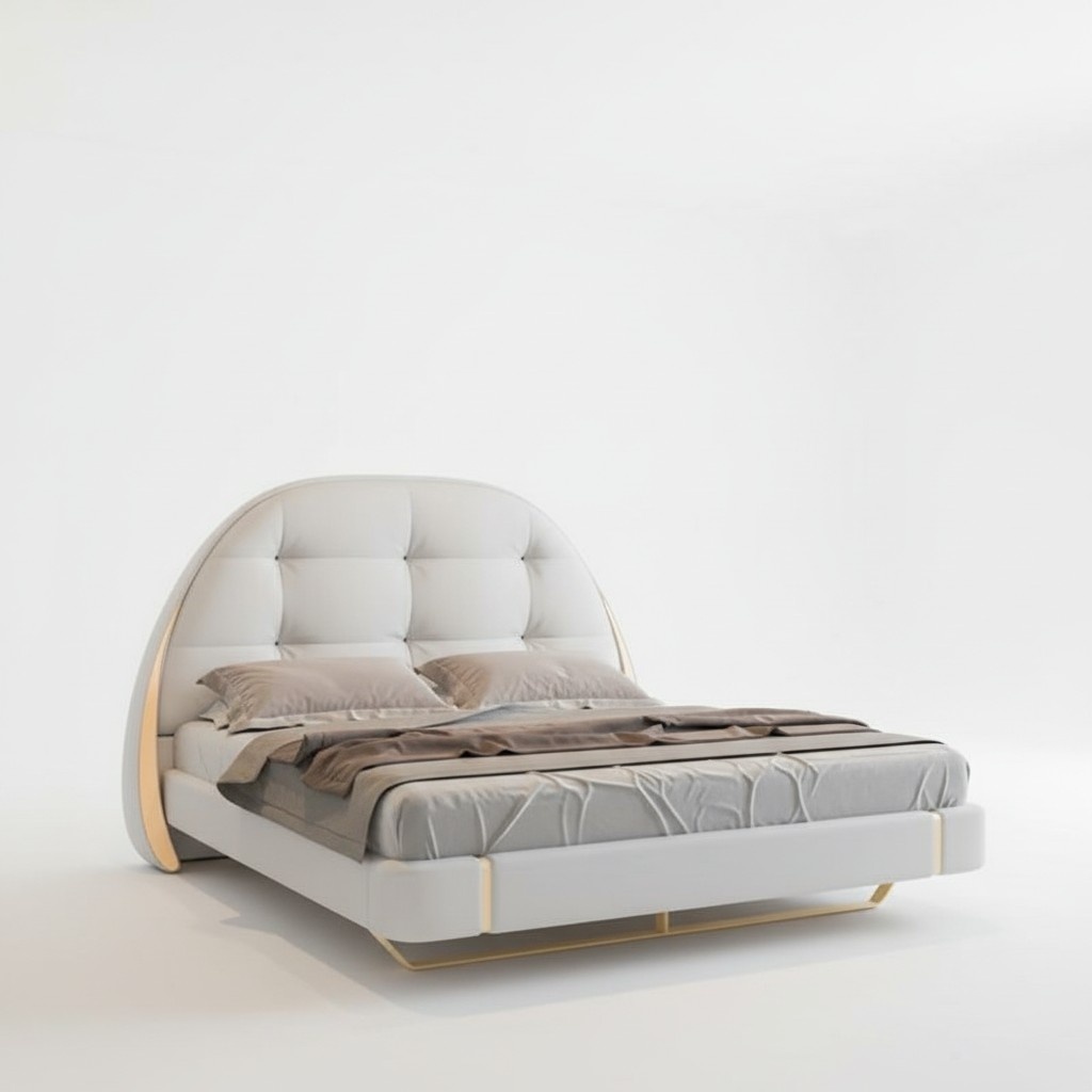 Luxus Graues Bett mit Gold Akzenten Rundes Kopfteil Modernes Design Schlafzimmer