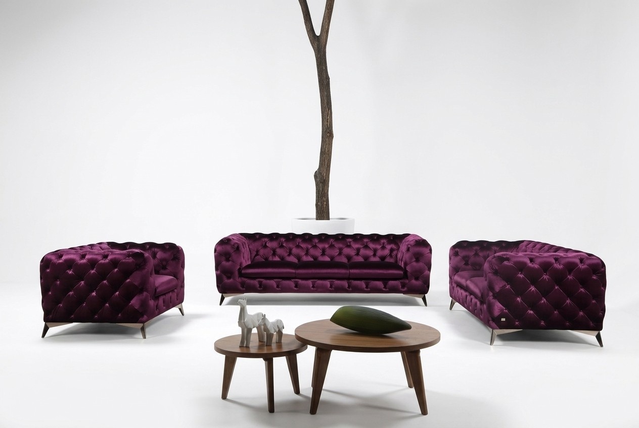 Luxus Hochwertige Sofa Couch Polster Sitz 3+2+1 Garnitur Chesterfield Lila