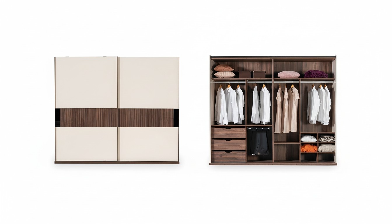 Luxus Kleiderschrank mit Schwebetüren Holz Schrank Modern Stil Beige