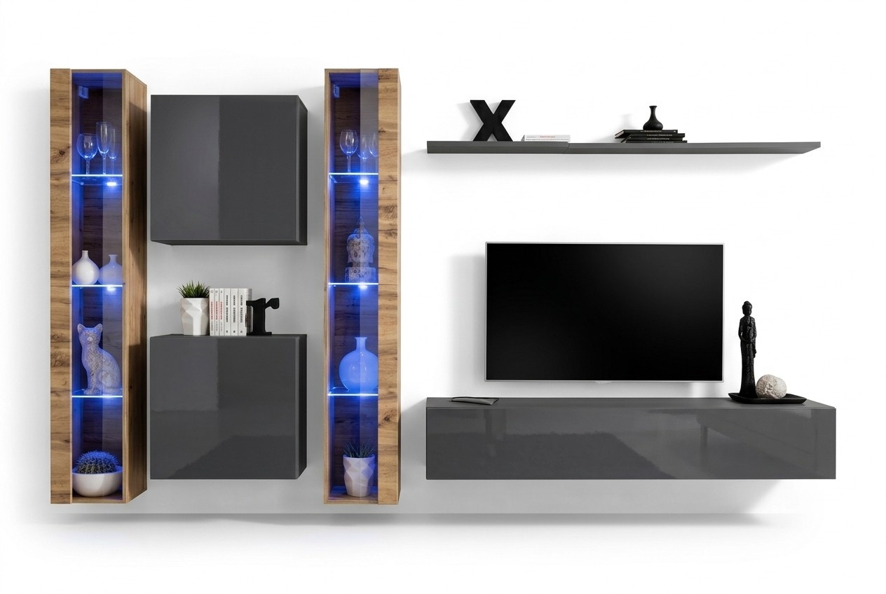 Luxus Komplett Set 6tlg Wohnwand Grau TV-Ständer Wandschrank Sideboard Modern