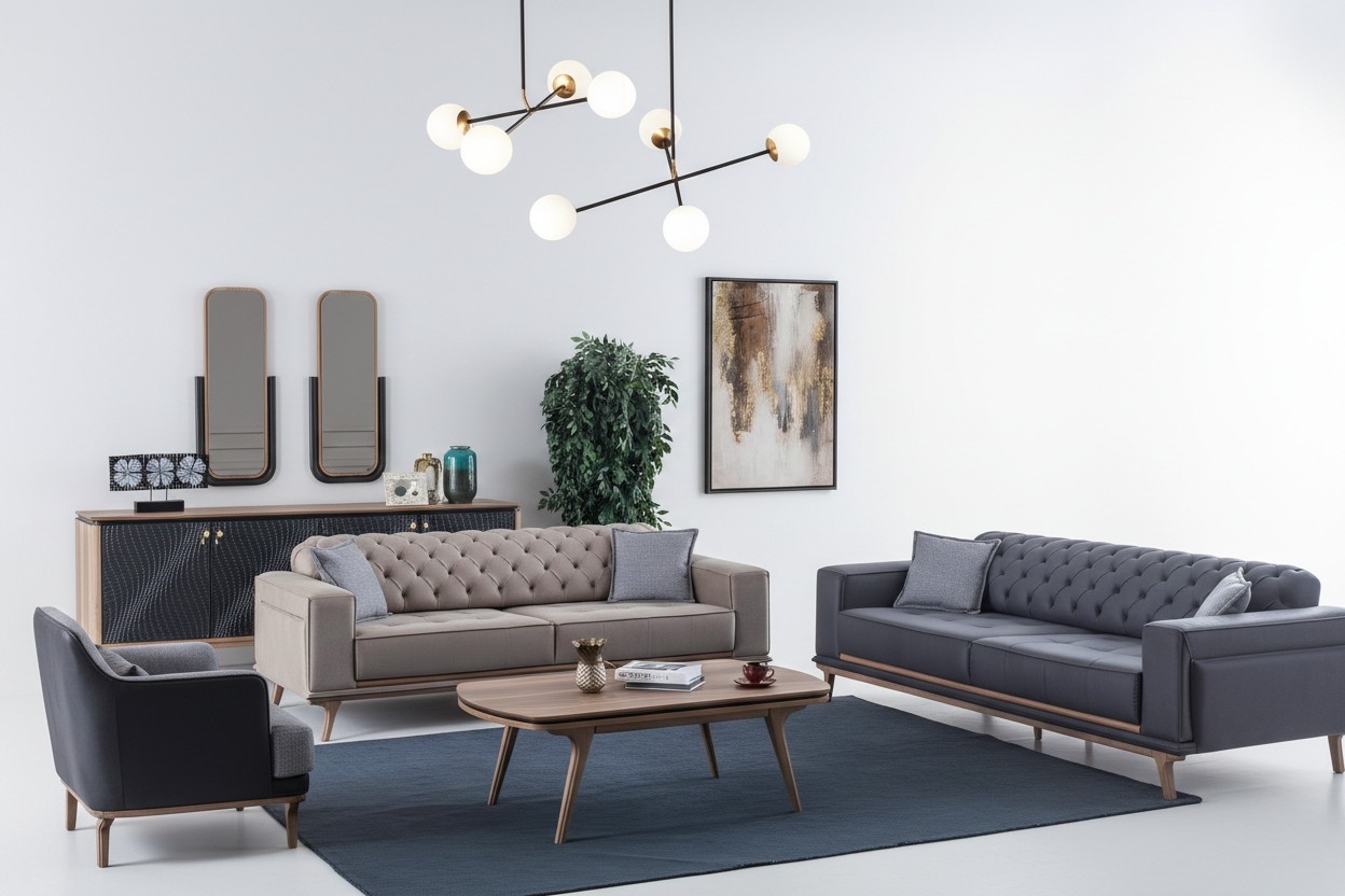 Luxus Modern Wohnzimmer Set 4tlg. 4 sitzer Sessel couchtisch Holz Möbel