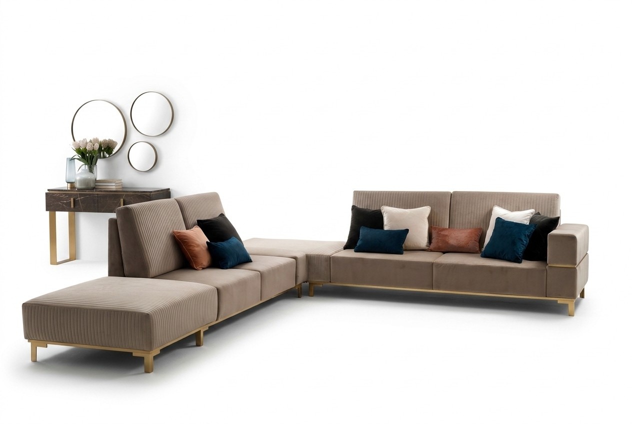 Luxus Möbel Ecksofa L Form Couch Design Polsterung Textil Sofas Holz Garnitur