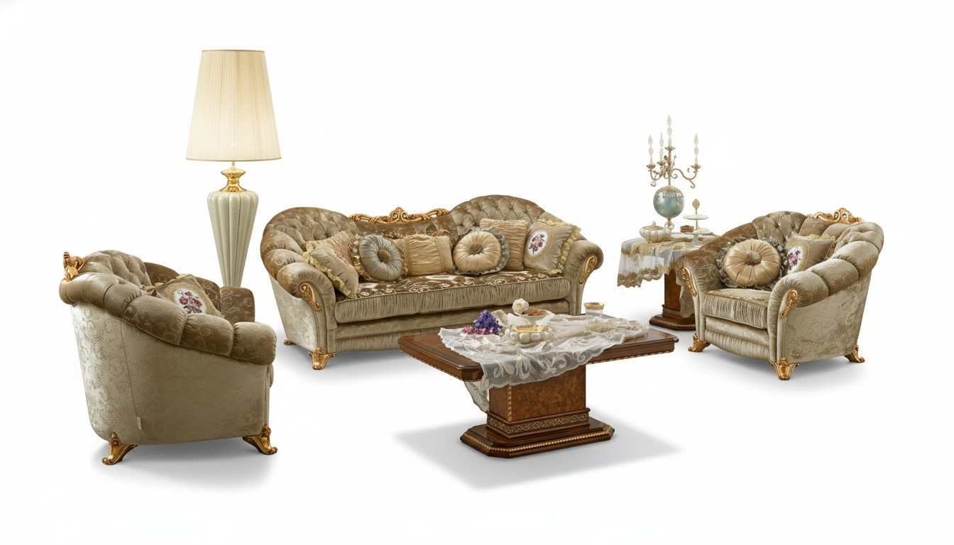 Luxus Möbel Sofagarnitur Couch Sofa Barock Rokoko Polster 3+1+1 Sitzer Holz 3tlg