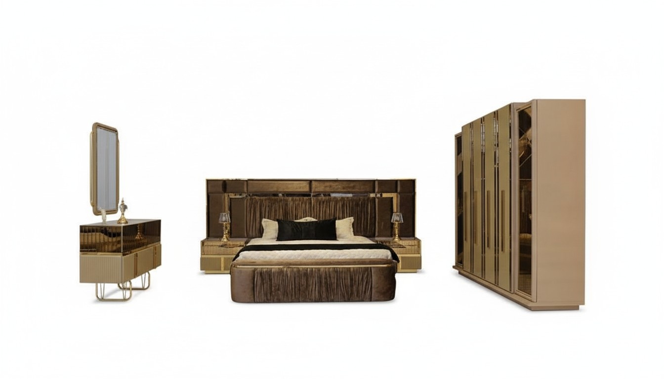 Luxus Schlafzimmer Bett Bank 2x Nachttische Kleiderschrank Kommode Spiegel