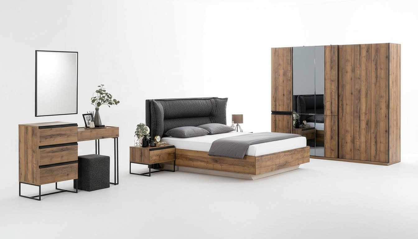Luxus Schlafzimmer Garnitur Doppelbett Bett Holz Set 7tlg Braun Modern