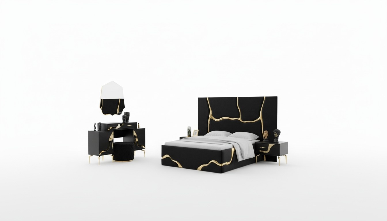 Luxus Schlafzimmer Möbel Bett mit goldenen Schlagen Muster Betten 200x200