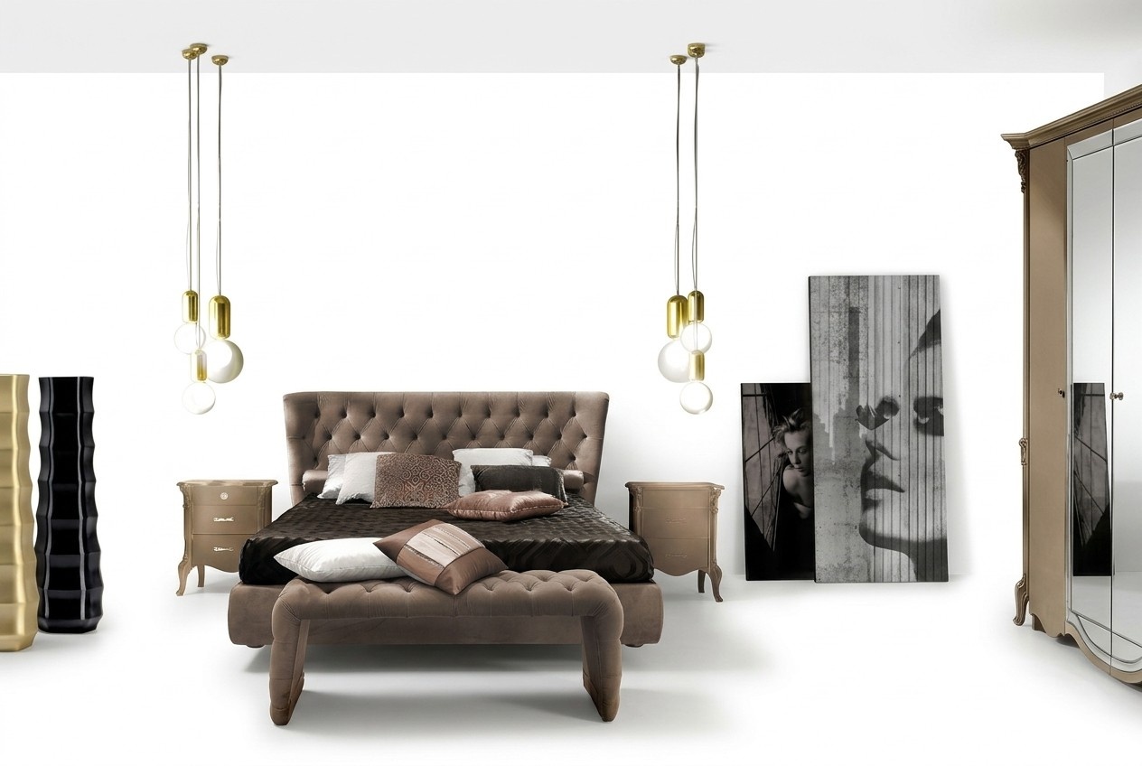 Luxus Schlafzimmer Set 4tlg. Bett + 2x Nachttisch + Hocker Moderne Design Betten Massivholz