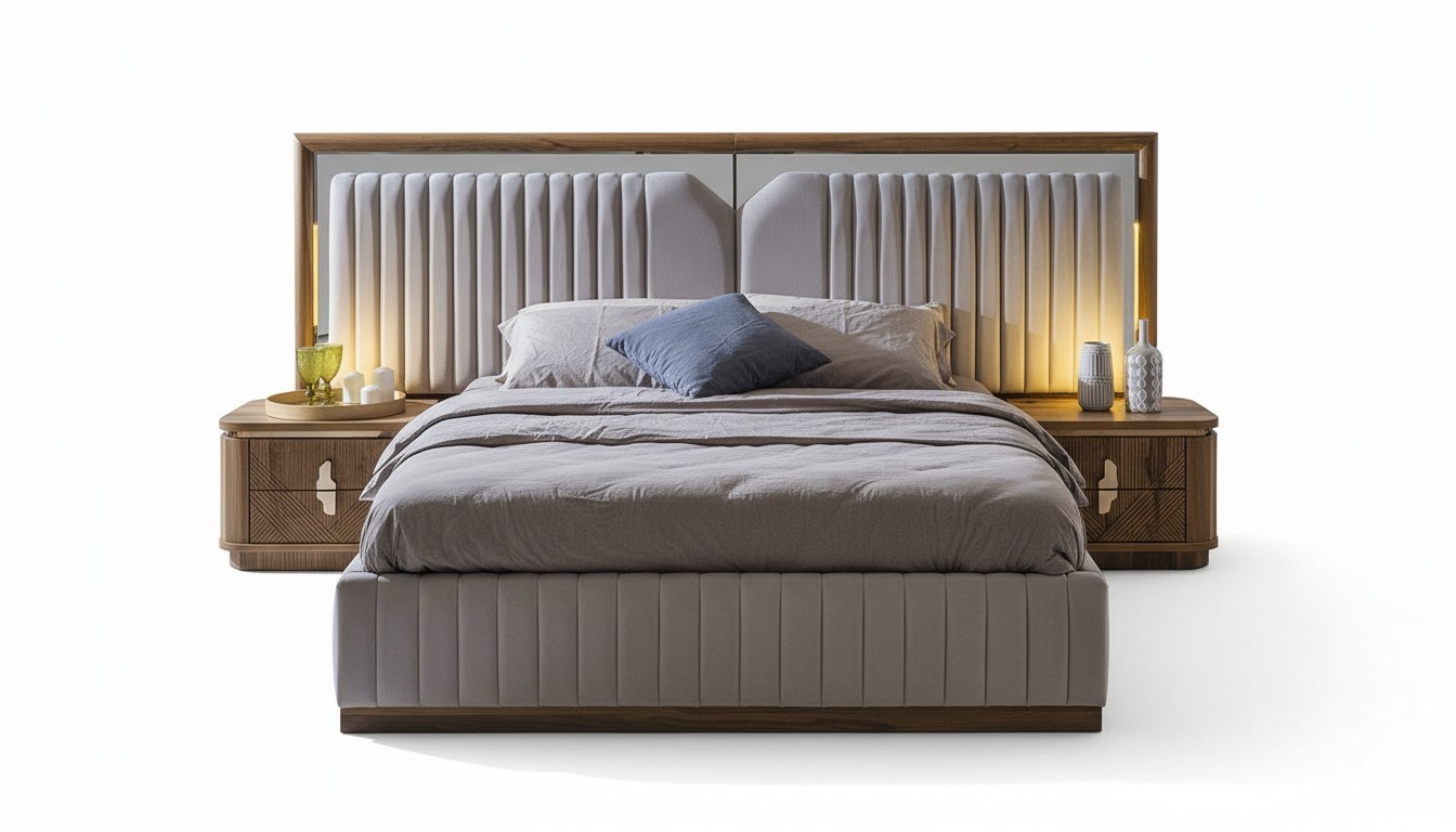 Luxus Modern Neu Schlafzimmer Set Bett + 2x Nachttische Holz Komplettes