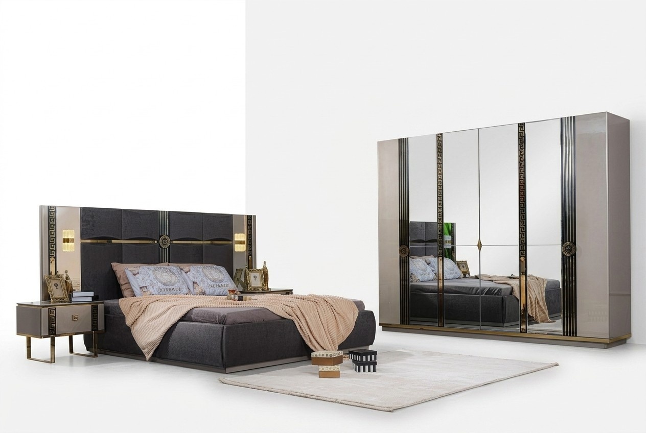 Luxus Schlafzimmermöbel Doppelbett Nachttische Grau 4tlg Schrank Bett