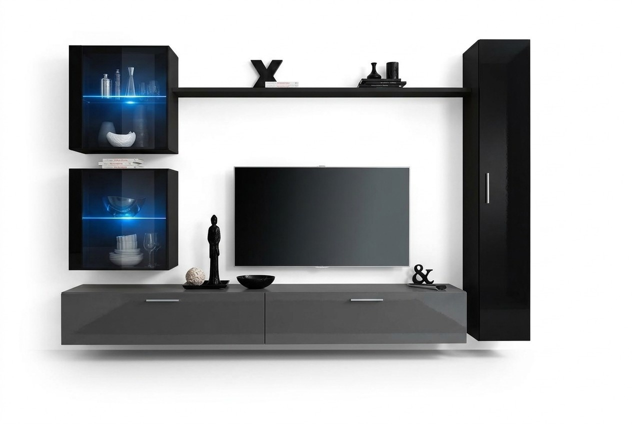 Luxus Set Designer Wohnwand Schwarz Einrichtung 3x Wandschrank TV-Ständer
