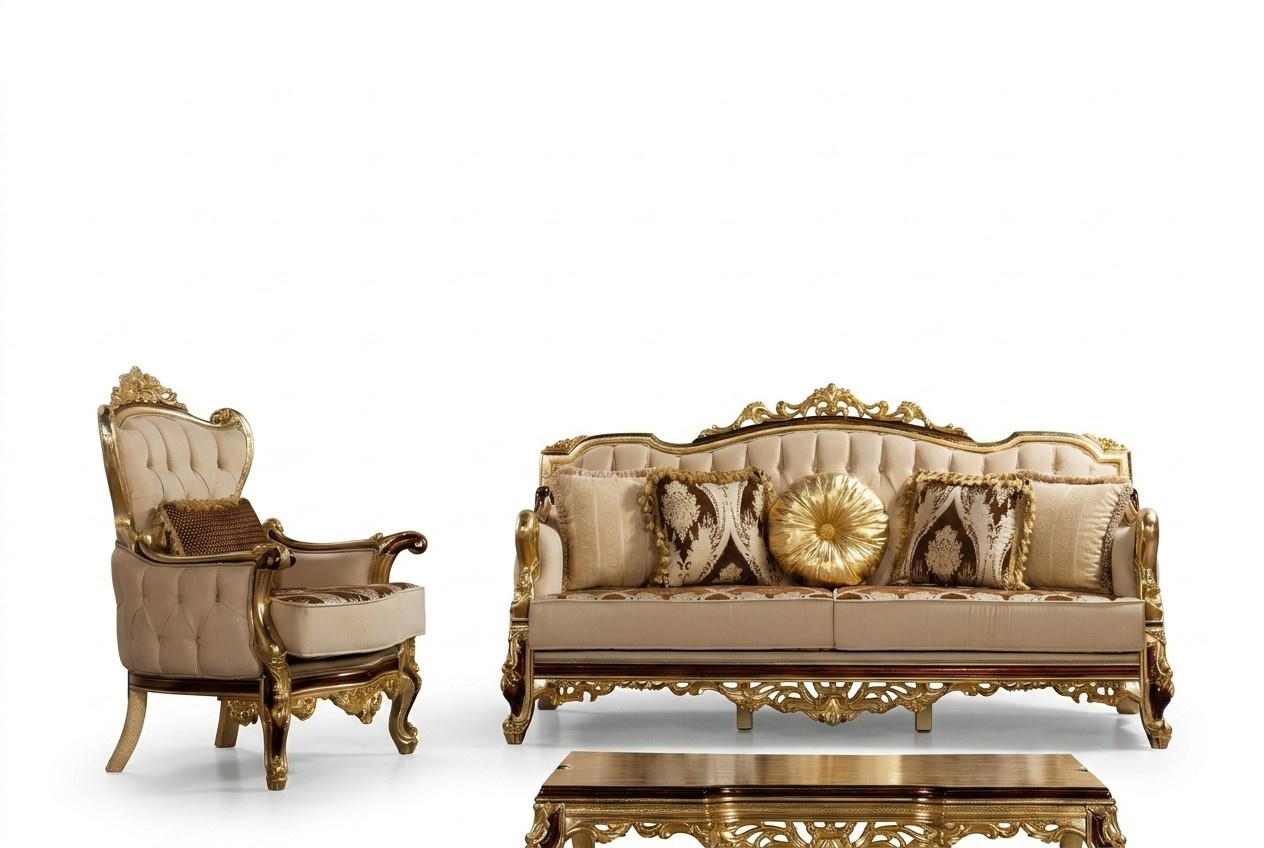 Luxus Sofa Beige Sofagarnitur Sessel 3+1 Sitzer Stoff Design Sofas