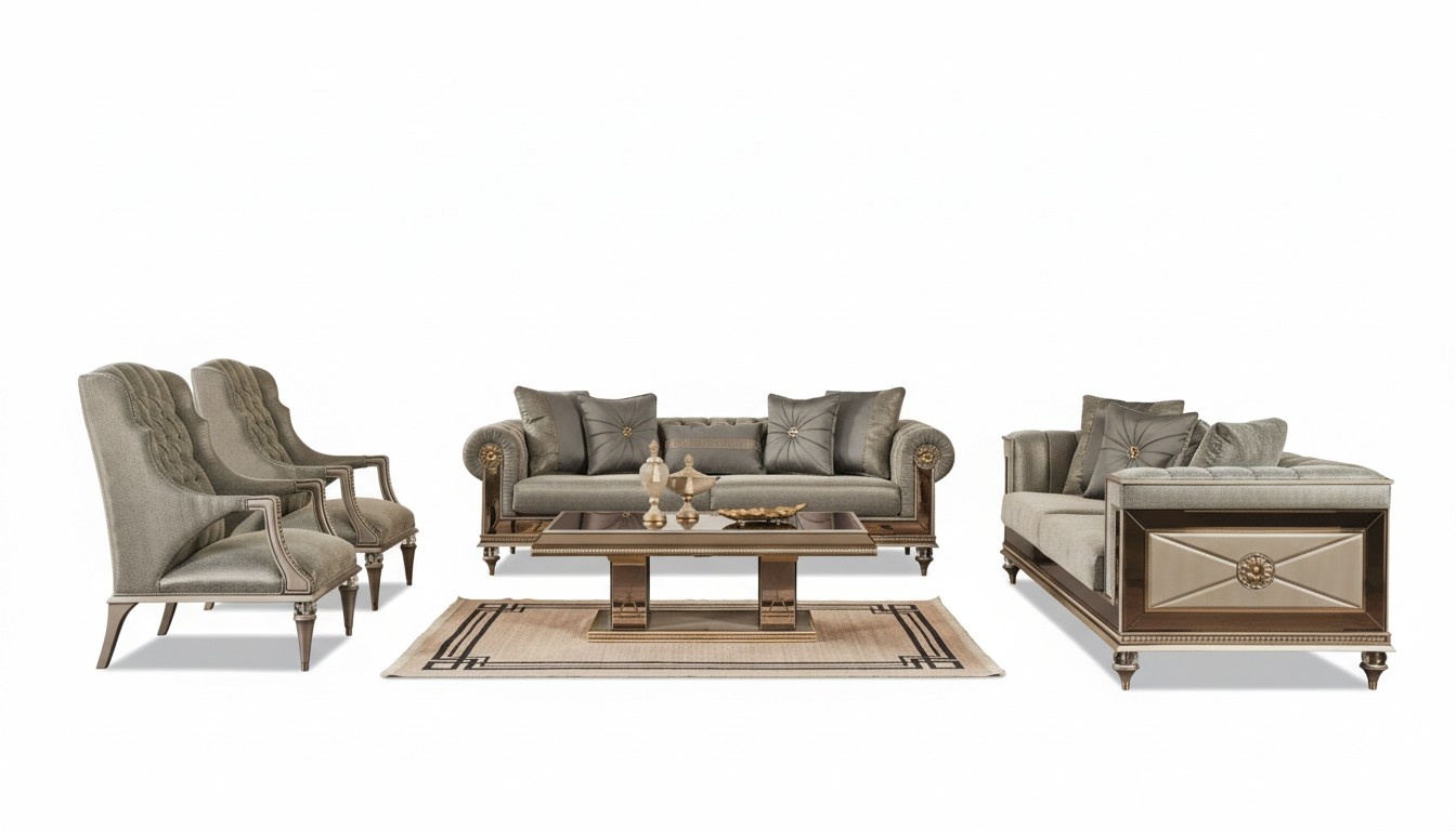 Luxus Sofagarnitur Dreisitzer Sessel Sofa Grau Stoff Stoffsofa 5tlg