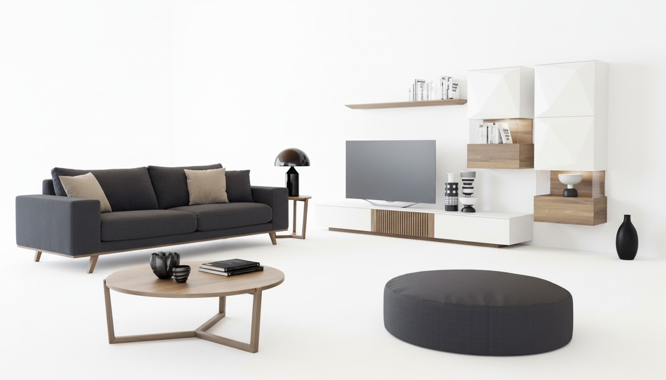 Luxus Walnuss natur Moderne Weiße Wohnwand TV-Ständer Sideboard Wandregale