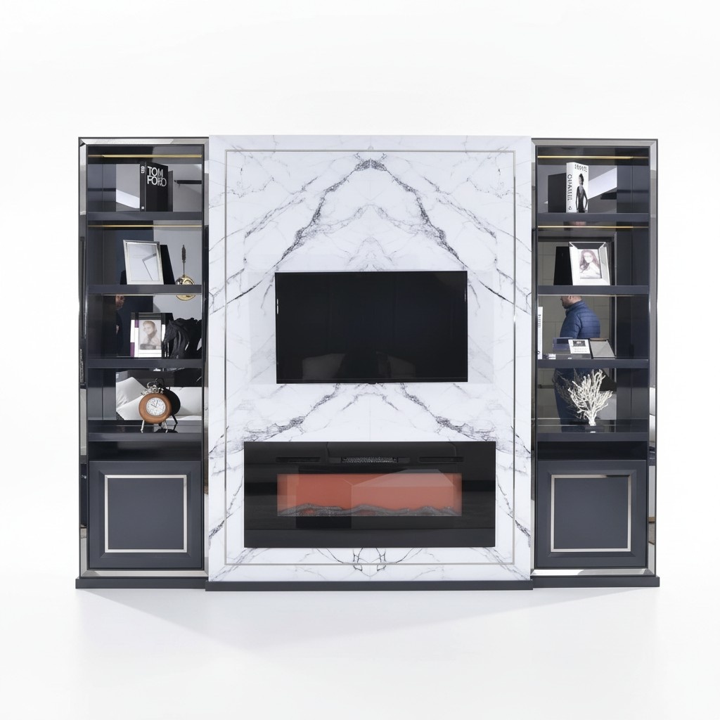 Luxus Wohnwand RTV Lowboard TV Ständer Grau Silber Vittine Holz Modern