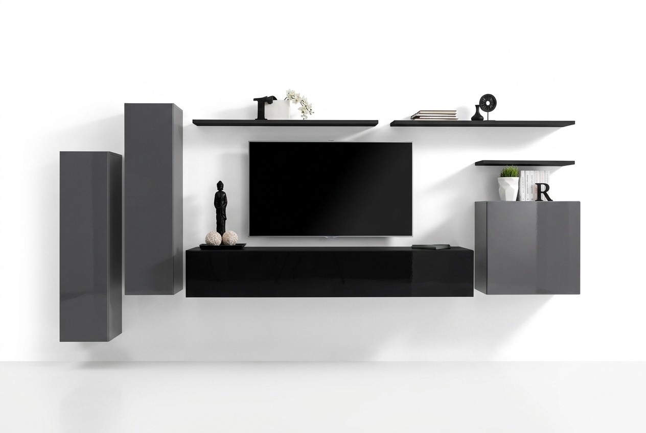 Luxus Wohnzimmer Moderne Designer Möbel Grau Wohnwand TV-Ständer Wandregal