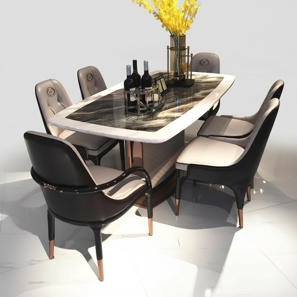 Marmor Designer Ess Tisch + 6 Stühle Set Garnitur Zimmer Gruppe 7 tlg.