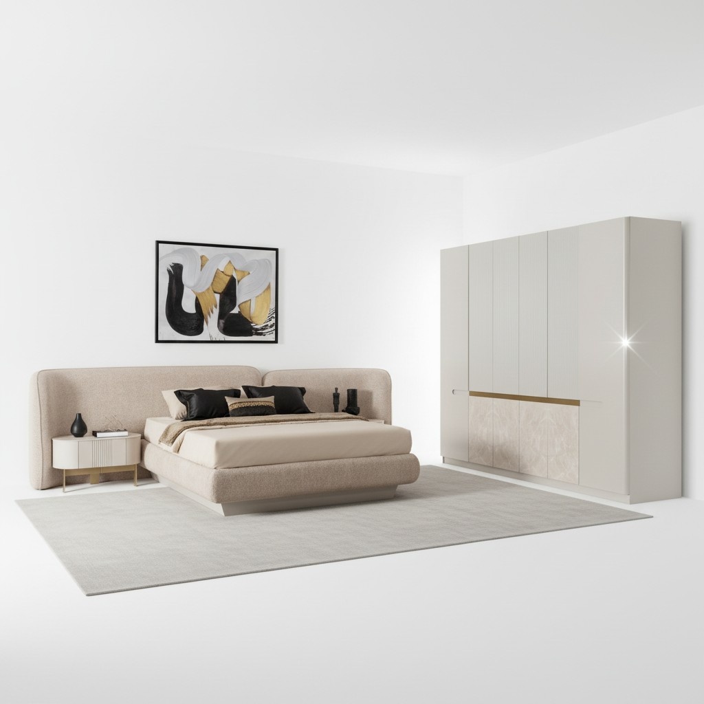 Modern Beigefarbene Holz-Möbelset für Schlafzimmer mit Bett