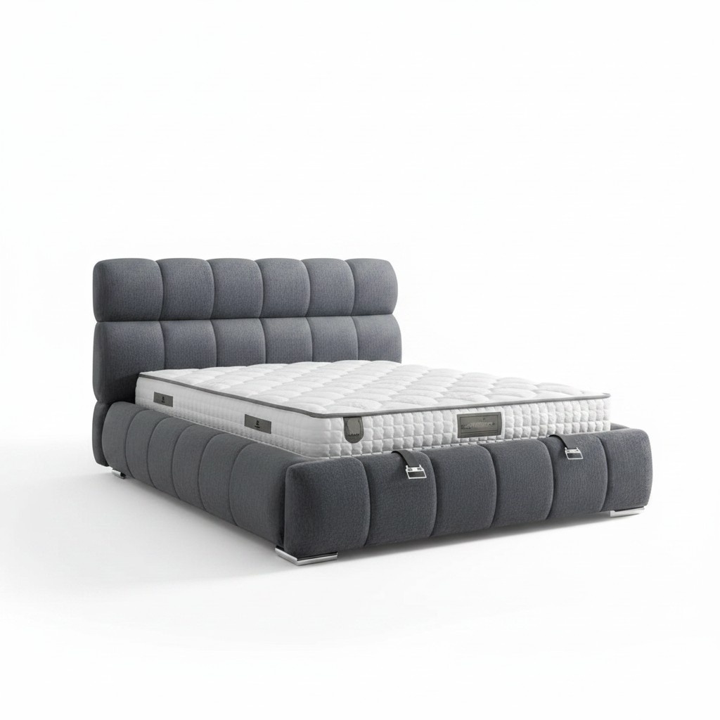 Modern blaues Bett mit Matratze aus Textil und Holz