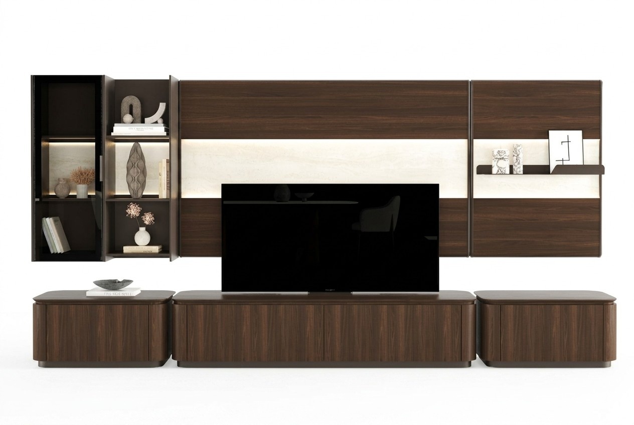Modern Braun TV-Wand Funktional Wohnwand Fernsehwand Wohnzimmer Möbel