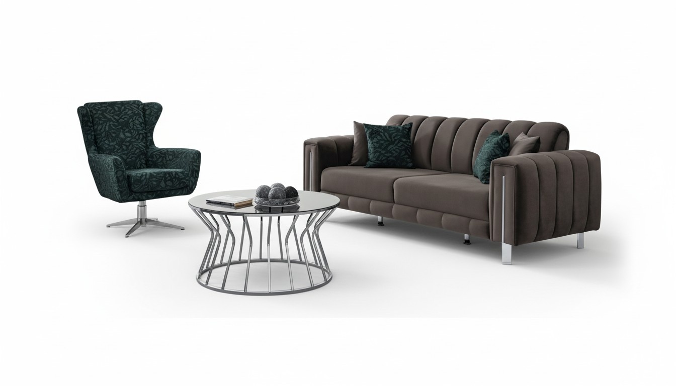 Modern Couchgarnitur Sofa 3 sitzer Sessel Grau Grün Stoff Wohnzimmer