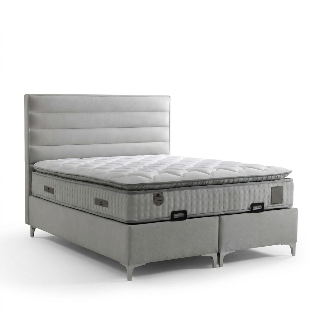 Modern graues Textilbett mit Matratze in elegantem Design