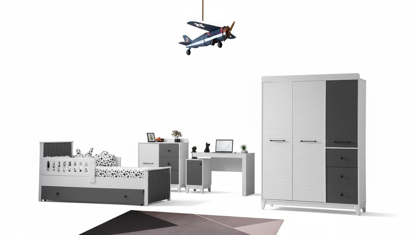 Modern Kinderzimmer Set Besteht aus Bett Schrank Kommode Tisch 4tlg.