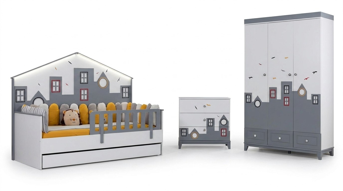 Modern Kinderzimmer Set Kinderbett Kleiderschrank Kommode Schlafzimmer Neu