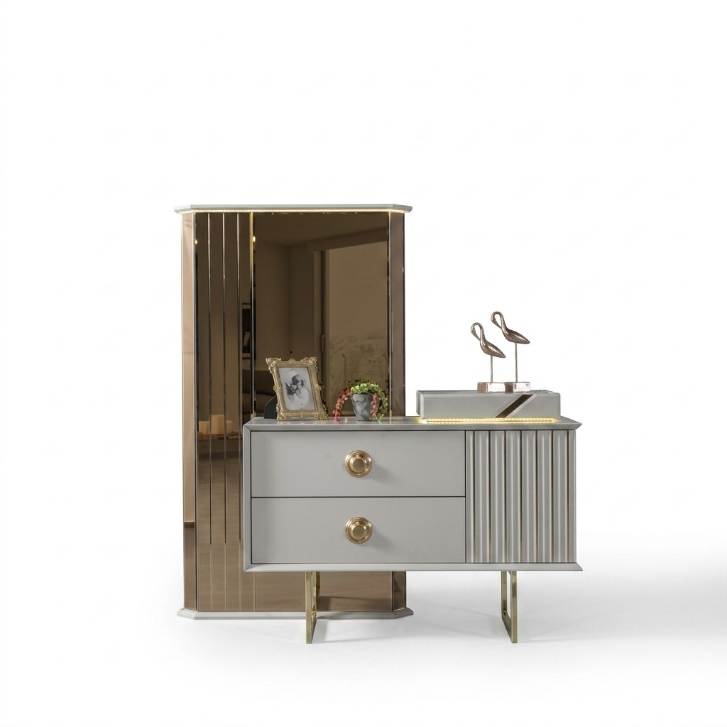 Modern Kommode mit Spiegel Luxus Moder design Schlafzimmer Holz Set 2tlg.